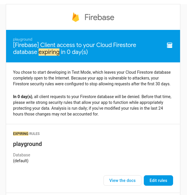 Firebase test mode email warning