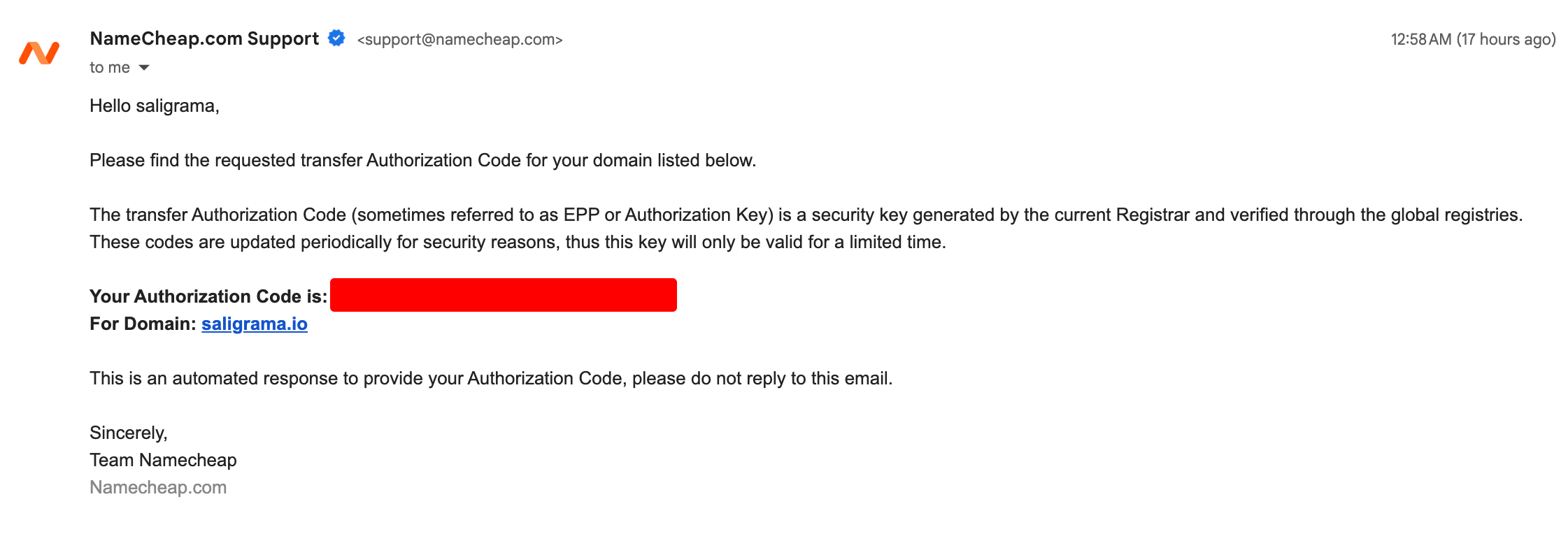 Receiving an Auth EPP code from Namecheap