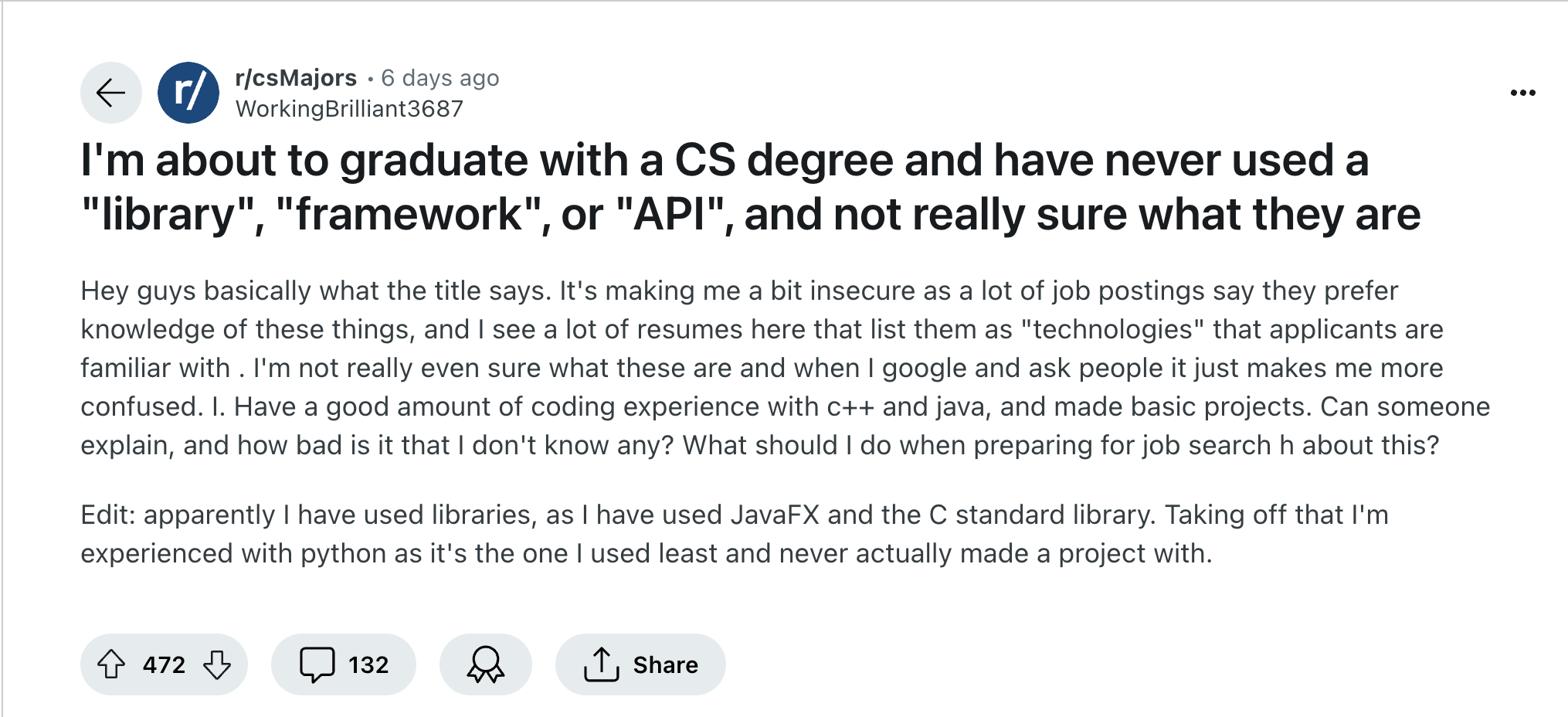 "I'm about to graduate with a CS degree and have never used a "library", "framework", or "API", and not really sure what they are" -- /r/csMajors, June 9, 2024