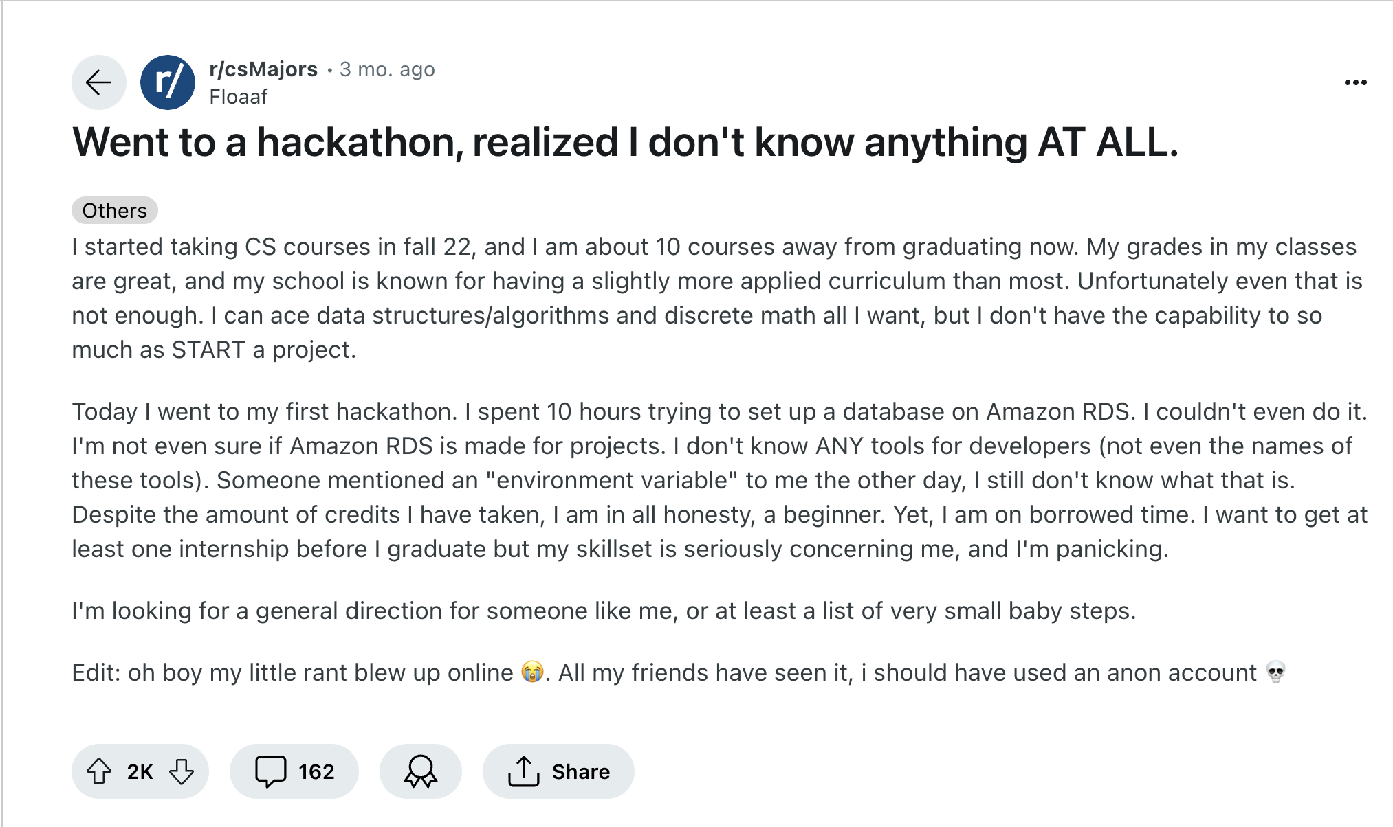 "Went to a hackathon, realized I don't know anything AT ALL" -- /r/csMajors, March 24, 2024