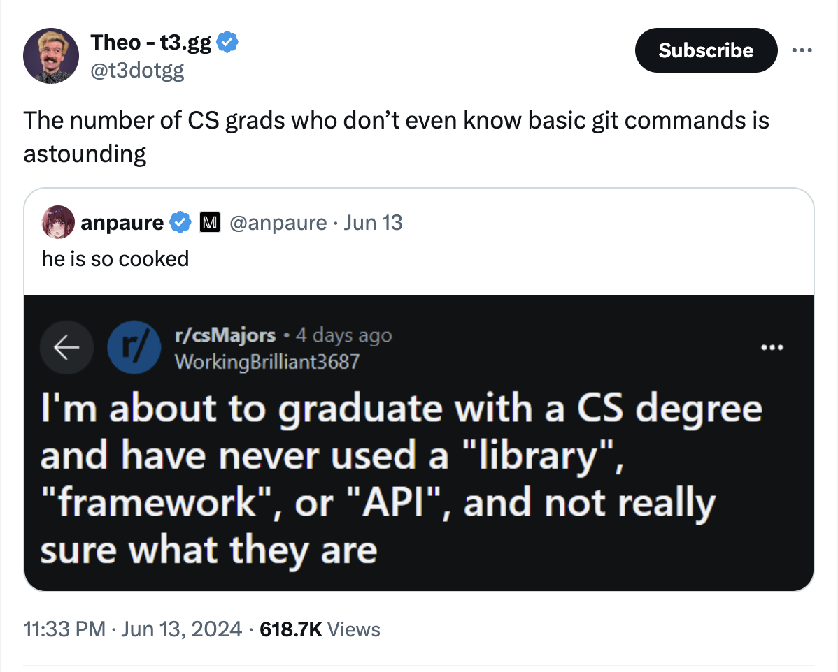 "The number of CS grads who don’t even know basic git commands is astounding" -- Theo - t3.gg on Twitter, June 13, 2024